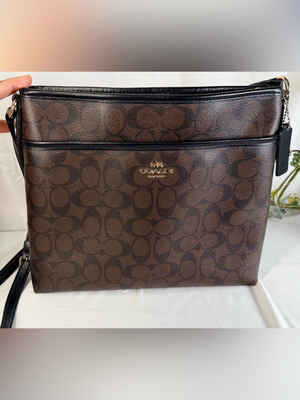 Coach File Crossbody F58297 Signature Canvas Brown Black leather
